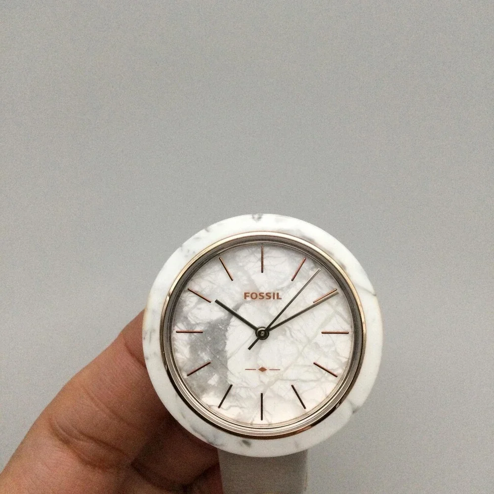 Fossil Womens Watch 38mm Faux White Marble Dial Gray Leather ES4371 New Battery